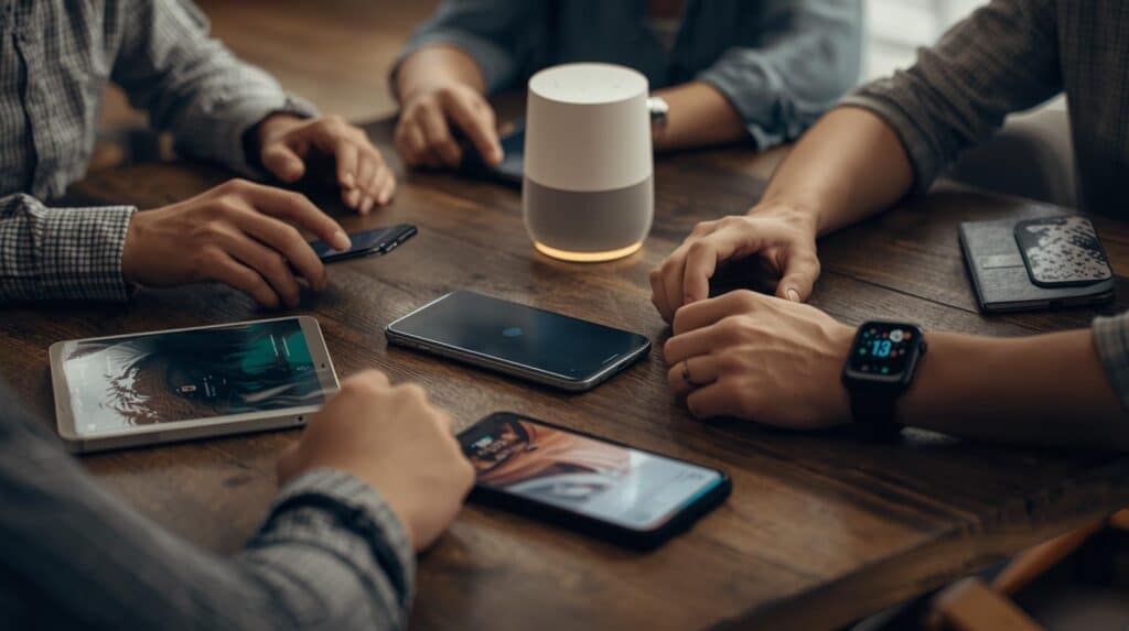 grupo de pessoas ao redor de uma mesa de madeira rústica. Sobre a mesa, há diversos dispositivos inteligentes: uma caixa de som inteligente (smart speaker) branca e cilíndrica com base iluminada no centro, vários smartphones, um tablet e um smartwatch no pulso de uma das pessoas.