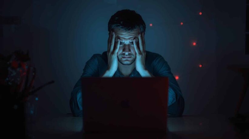 Homem usando notebook tendo uma queda de energia