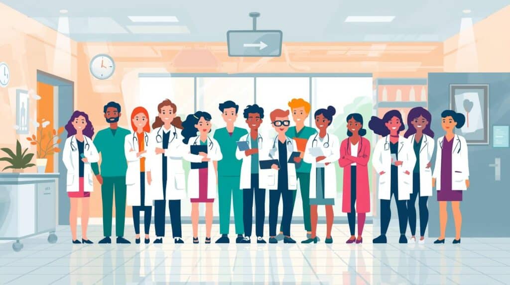 O Gemini disse Aqui está o texto alternativo para a última imagem enviada, focada no setor de saúde: Texto alternativo: Ilustração colorida em estilo plano de uma equipe multidisciplinar de saúde em um ambiente hospitalar. No centro, um grupo diversificado de doze profissionais, incluindo médicos e enfermeiros de ambos os sexos e diferentes etnias, sorriem para a foto