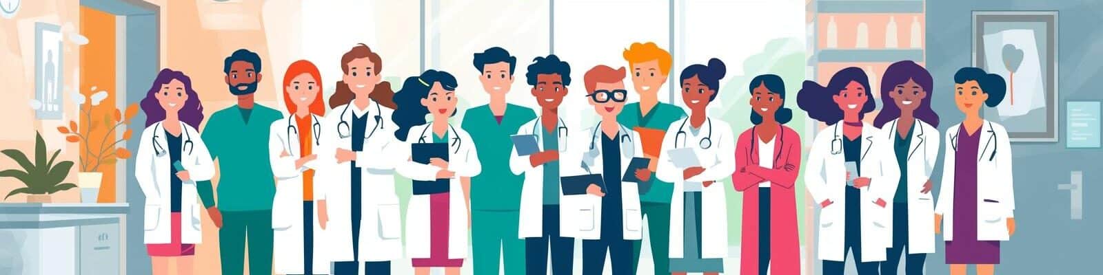 O Gemini disse Aqui está o texto alternativo para a última imagem enviada, focada no setor de saúde: Texto alternativo: Ilustração colorida em estilo plano de uma equipe multidisciplinar de saúde em um ambiente hospitalar. No centro, um grupo diversificado de doze profissionais, incluindo médicos e enfermeiros de ambos os sexos e diferentes etnias, sorriem para a foto