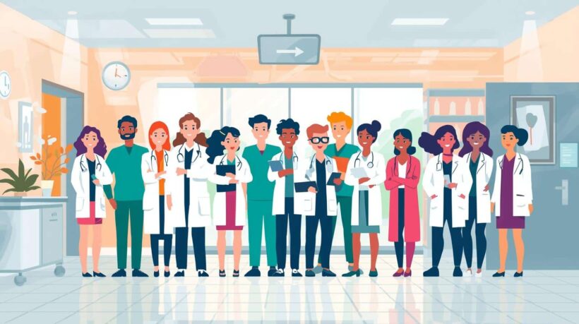 O Gemini disse Aqui está o texto alternativo para a última imagem enviada, focada no setor de saúde: Texto alternativo: Ilustração colorida em estilo plano de uma equipe multidisciplinar de saúde em um ambiente hospitalar. No centro, um grupo diversificado de doze profissionais, incluindo médicos e enfermeiros de ambos os sexos e diferentes etnias, sorriem para a foto