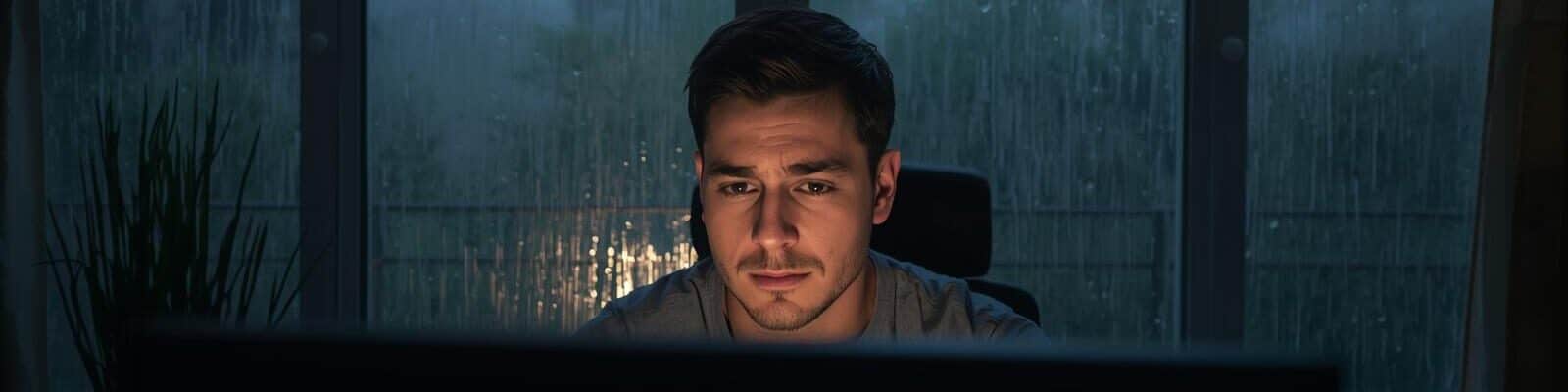 Homem trabalhando em home office e atras uma janela mostrando a chuva forte