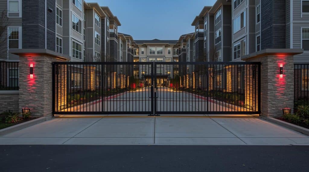 Uma fotografia simétrica e frontal de um portão eletrônico de correr em metal preto, fechado, protegendo a entrada de um condomínio residencial de luxo ao entardecer.