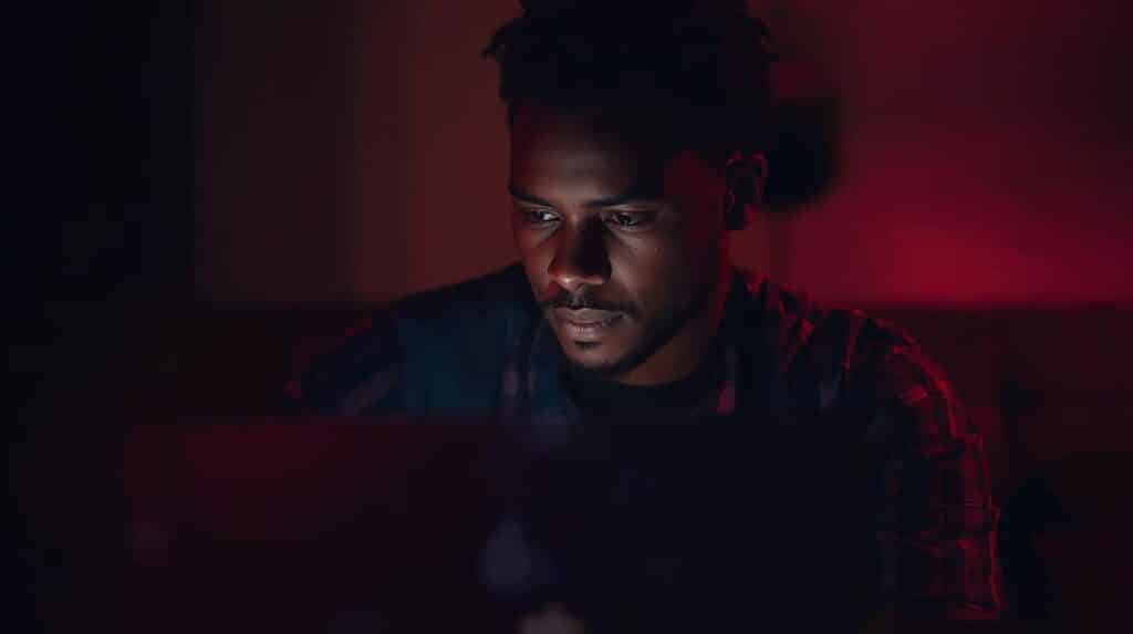 Homem trabalhando em home office após um clecaute, com luz vermelha ao fundo