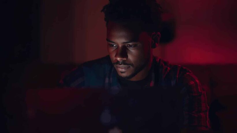 Homem trabalhando em home office após um clecaute, com luz vermelha ao fundo