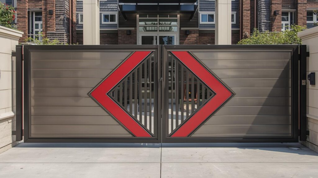 Portão automatico com detalhes vermelhos de um condominio ao fundo