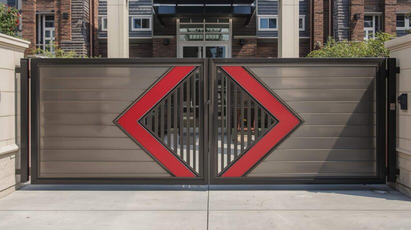 Portão automatico com detalhes vermelhos de um condominio ao fundo