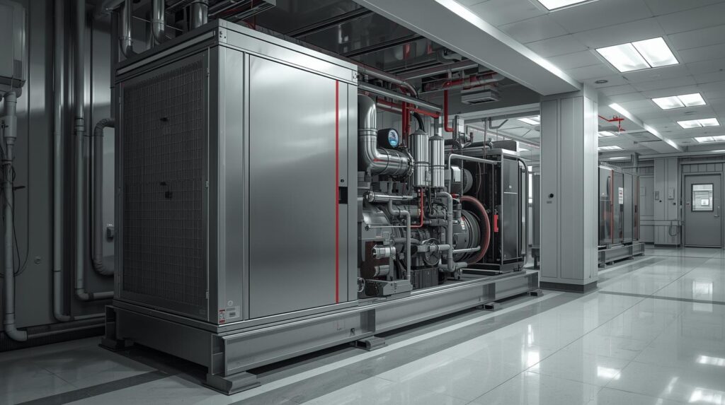 Gerador de energia com detalhes vemelhos em um ambiente hospitalar