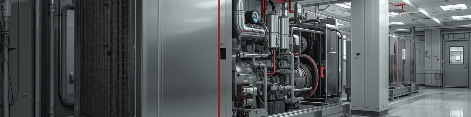 Gerador de energia com detalhes vemelhos em um ambiente hospitalar