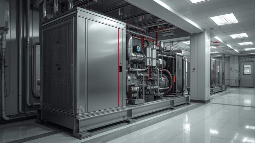 Gerador de energia com detalhes vemelhos em um ambiente hospitalar