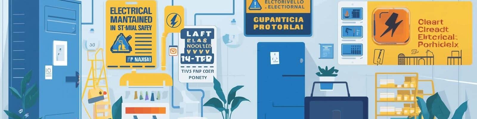 Ilustração de um laboratório elétrico organizado, com cartazes de segurança, capacete, ferramentas e equipamentos sobre uma mesa, em tons de azul e amarelo.