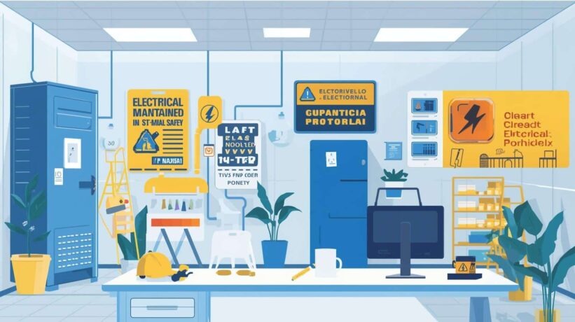 Ilustração de um laboratório elétrico organizado, com cartazes de segurança, capacete, ferramentas e equipamentos sobre uma mesa, em tons de azul e amarelo.