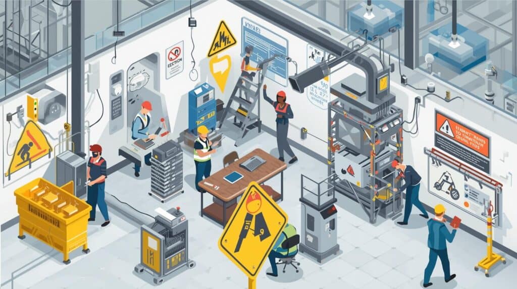 Area comercial em cartoon com pessoas e placas amarelas