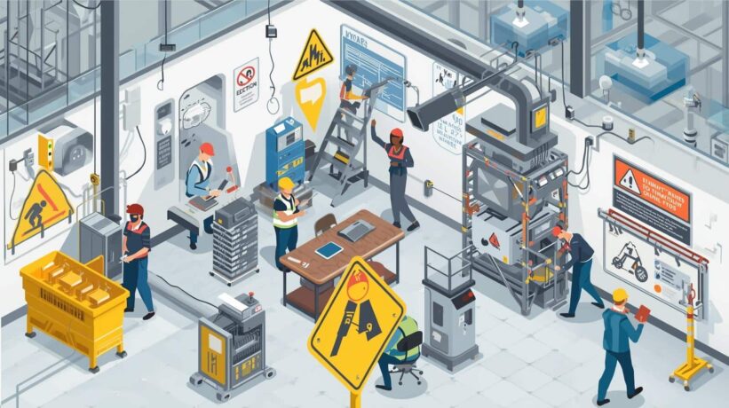 Area comercial em cartoon com pessoas e placas amarelas