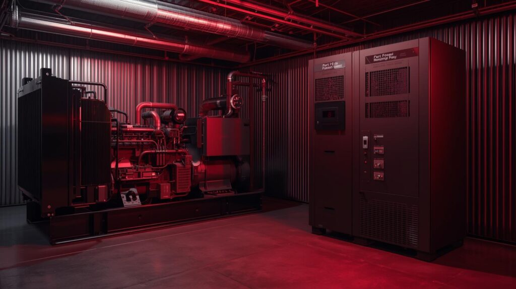 Sala industrial iluminada por luz vermelha, com um gerador de energia e um nobreak grandes posicionados lado a lado.
