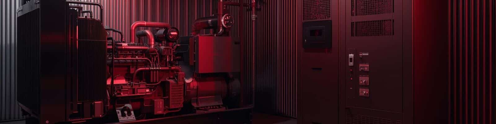 Sala industrial iluminada por luz vermelha, com um gerador de energia e um nobreak grandes posicionados lado a lado.
