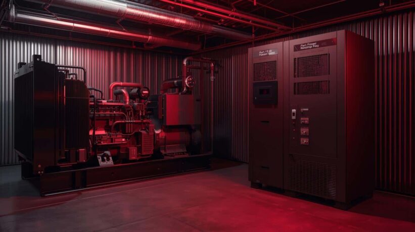 Sala industrial iluminada por luz vermelha, com um gerador de energia e um nobreak grandes posicionados lado a lado.