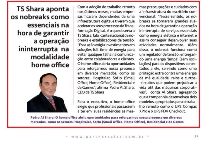 Noticia da TS Shara na Revista PartnerSales com imagem do Pedro Al Shara