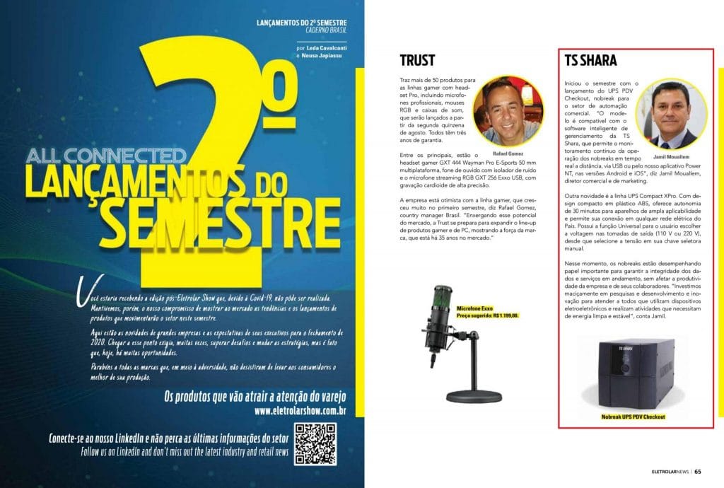 Página de revista com o título “Lançamentos do 2º semestre”, destacando a marca TS Shara, com fotos de representantes e imagens de um nobreak.