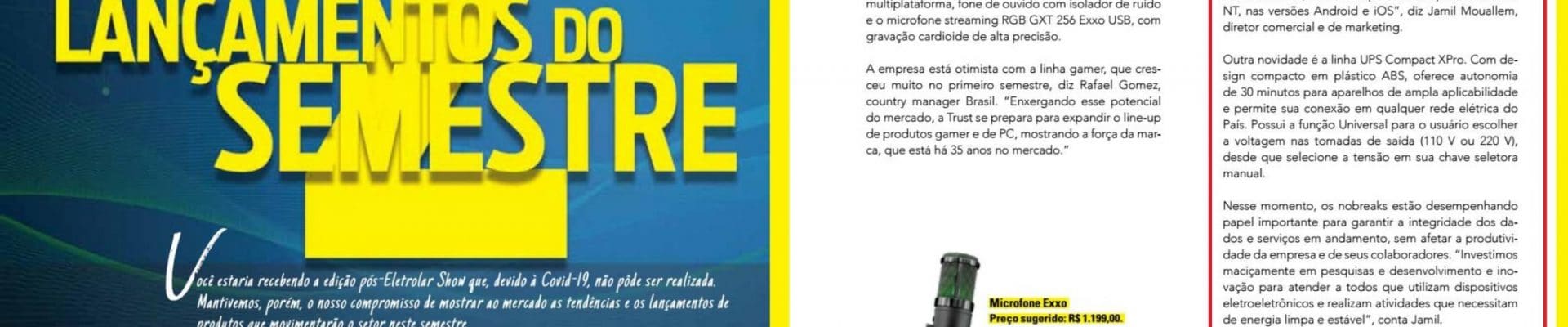 Página de revista com o título “Lançamentos do 2º semestre”, destacando a marca TS Shara, com fotos de representantes e imagens de um nobreak.