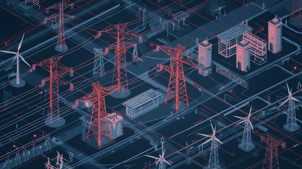 Ilustração de uma rede elétrica com torres de transmissão vermelhas, turbinas eólicas e prédios industriais em tons de azul escuro.