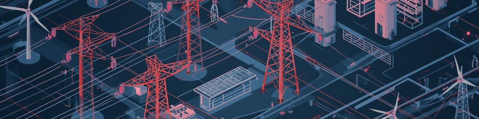Ilustração de uma rede elétrica com torres de transmissão vermelhas, turbinas eólicas e prédios industriais em tons de azul escuro.