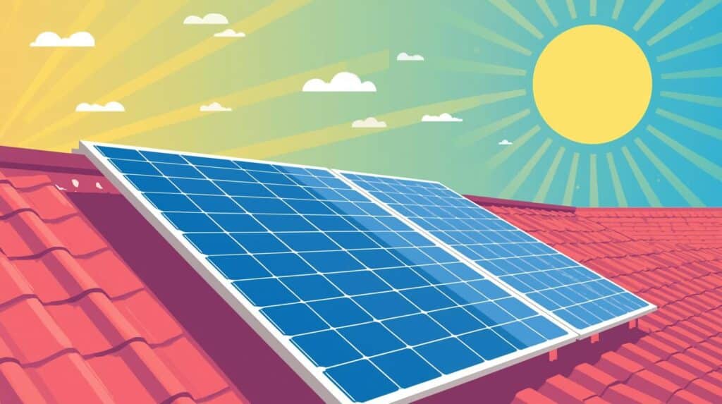 Ilustração de placas solares azuis instaladas em um telhado vermelho, sob um sol forte em céu claro com poucas nuvens.