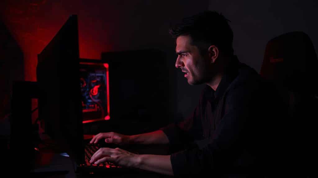 Homem jogando no compuitar com ledes vermelhas