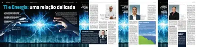 Páginas da Revista Infor Channel com a manchete "TI e Energia: uma relação delicada", apresentando artigos sobre a matriz energética brasileira.