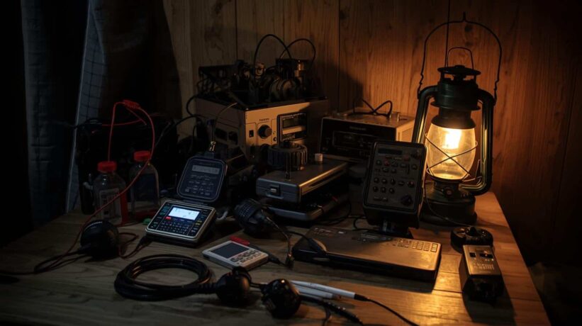 Mesa escura iluminada por lampião, repleta de equipamentos eletrônicos antigos, cabos e medidores organizados de forma caótica.