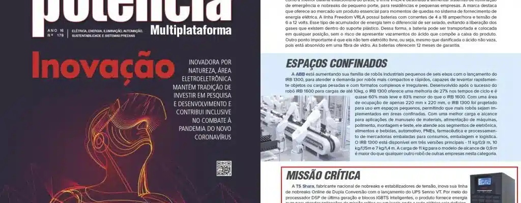 Página de revista com manchete “Inovação”, ilustração de pessoa com óculos de realidade virtual e colunas de texto sobre baterias VRLA, robôs para espaços confinados e missão crítica com nobreaks TS Shara.