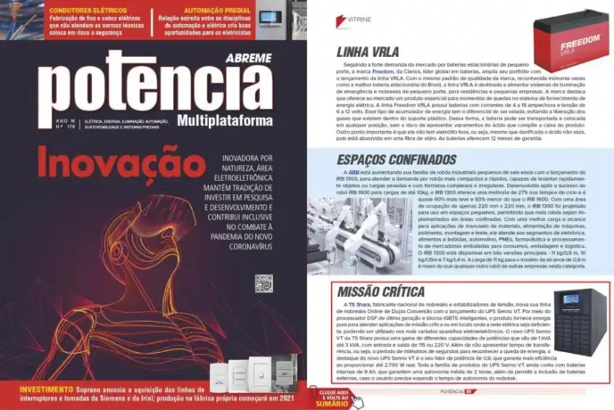 Página de revista com manchete “Inovação”, ilustração de pessoa com óculos de realidade virtual e colunas de texto sobre baterias VRLA, robôs para espaços confinados e missão crítica com nobreaks TS Shara.