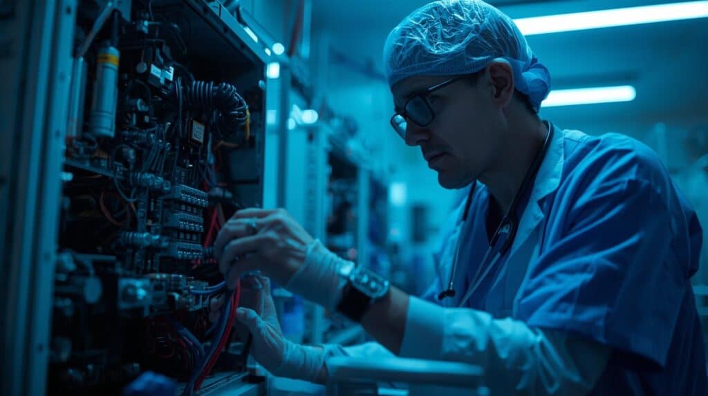 Profissional de saúde ajustando cabos e componentes internos de um equipamento eletrônico em ambiente hospitalar iluminado em tom azul.