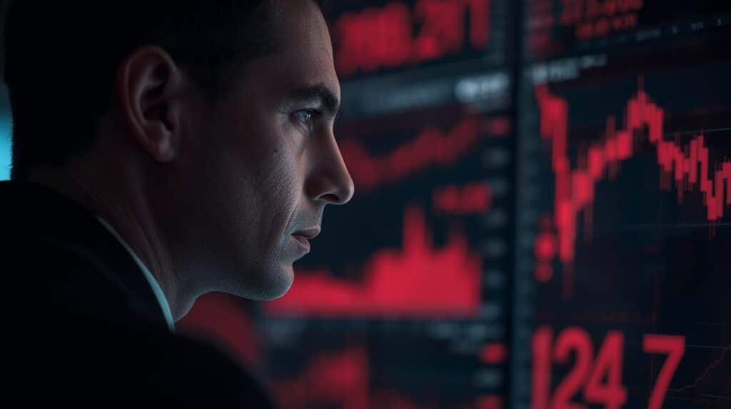 Homem observa telas com gráficos financeiros em vermelho, indicando queda no mercado.