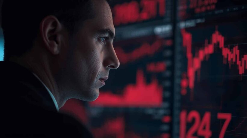 Homem observa telas com gráficos financeiros em vermelho, indicando queda no mercado.