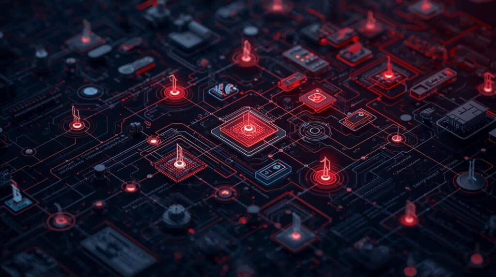 Ilustração de rede digital inteligente com circuitos e pontos de conexão destacados em vermelho.