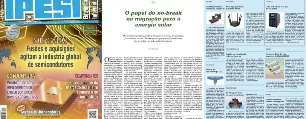 Capa da Revista IPESI, com o título "Fusões e aquisições agitam a indústria global de semicondutores" e uma página interna com o artigo "O papel do no-break na migração para a energia solar".