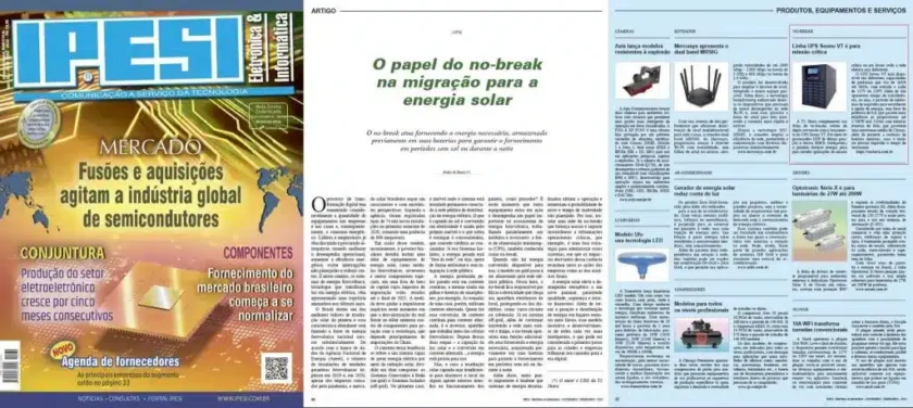 Capa da Revista IPESI, com o título "Fusões e aquisições agitam a indústria global de semicondutores" e uma página interna com o artigo "O papel do no-break na migração para a energia solar".