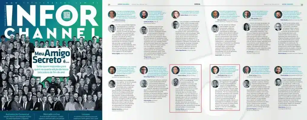 Capa da Revista Infor Channel com o tema "Meu Amigo Secreto" de fim de ano e páginas de opiniões e entrevistas sobre o mercado de TI.