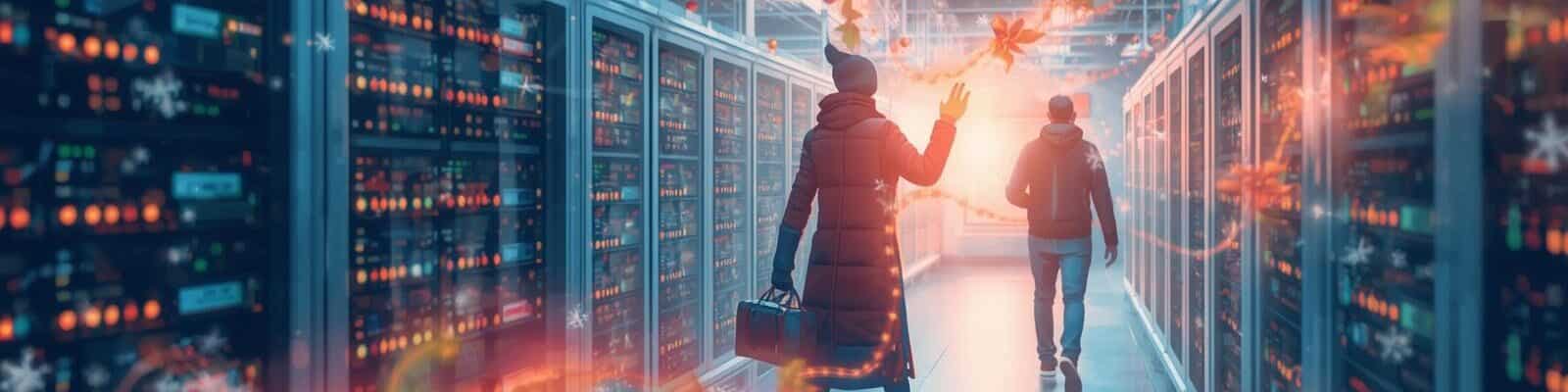 Corredor de data center com servidores iluminados; duas pessoas caminham ao fundo enquanto decorações natalinas brilhantes flutuam pelo ambiente.