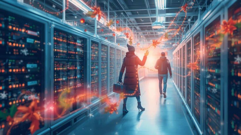Corredor de data center com servidores iluminados; duas pessoas caminham ao fundo enquanto decorações natalinas brilhantes flutuam pelo ambiente.