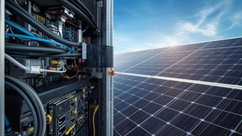 Equipamentos eletrônicos de um sistema solar ligados a cabos e módulos, ao lado de painéis solares iluminados pelo sol.