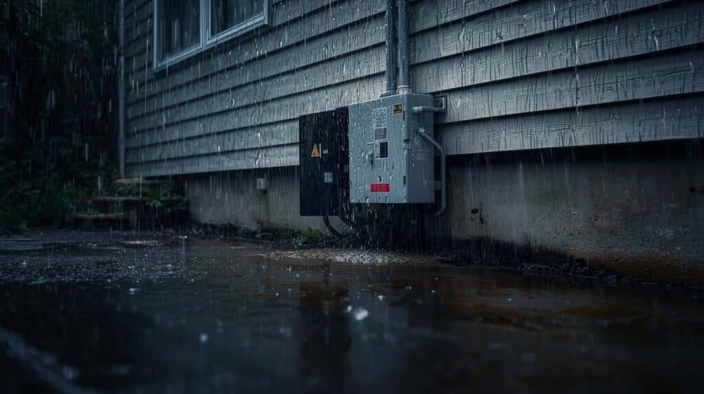 Caixa elétrica instalada na parte externa de uma casa sendo atingida por forte chuva, com poças de água acumuladas no chão.