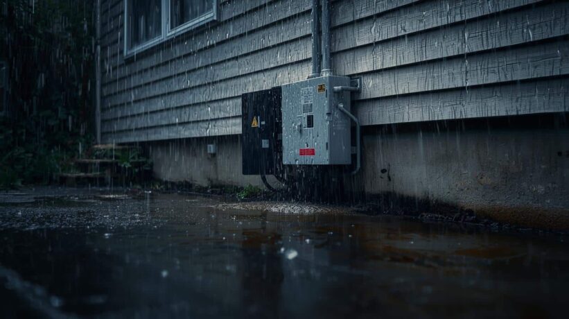 Caixa elétrica instalada na parte externa de uma casa sendo atingida por forte chuva, com poças de água acumuladas no chão.