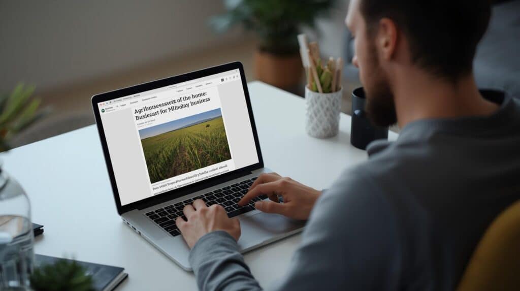 Homem trabalhandi em Home office e no notebook mostra um agrobuisness