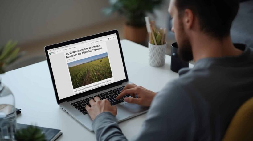 Homem trabalhandi em Home office e no notebook mostra um agrobuisness