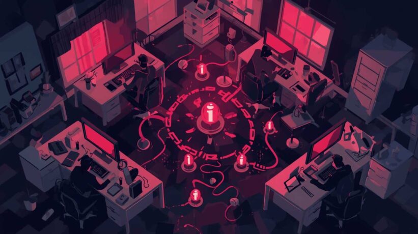 Ilustração de um escritório escuro com vários computadores ligados, iluminados por luz vermelha, conectados a um ponto central que emite um alerta luminoso.