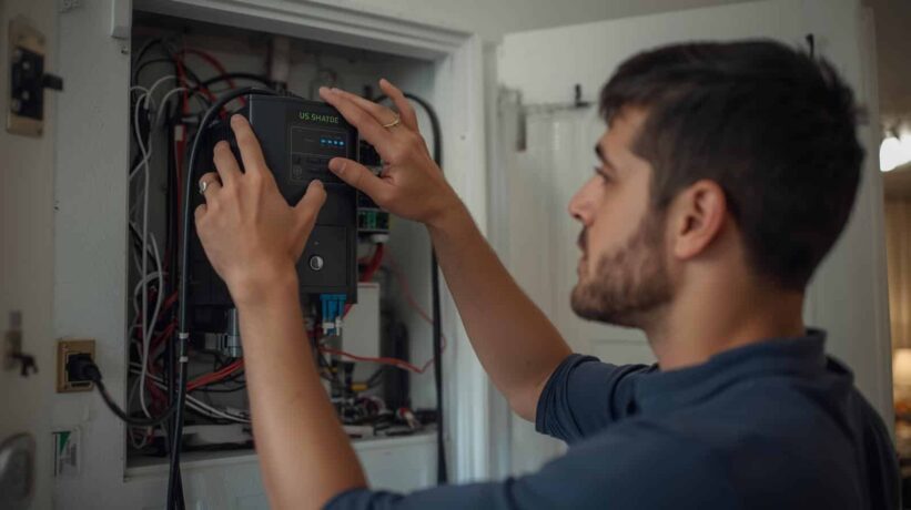 Homem ajustando um equipamento eletrônico dentro de um quadro cheio de cabos, verificando os botões e indicadores do aparelho.