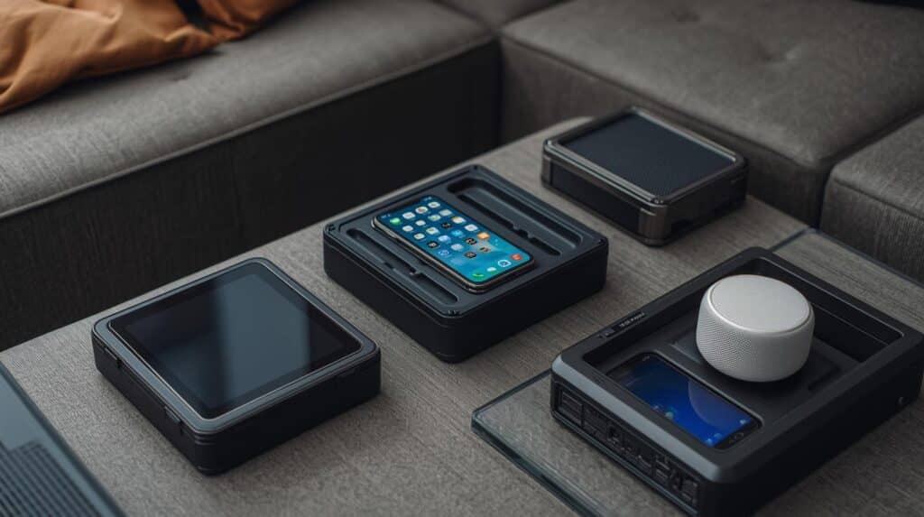 aparelhos eletrônicos em uma mesa com um sofa ao fundo