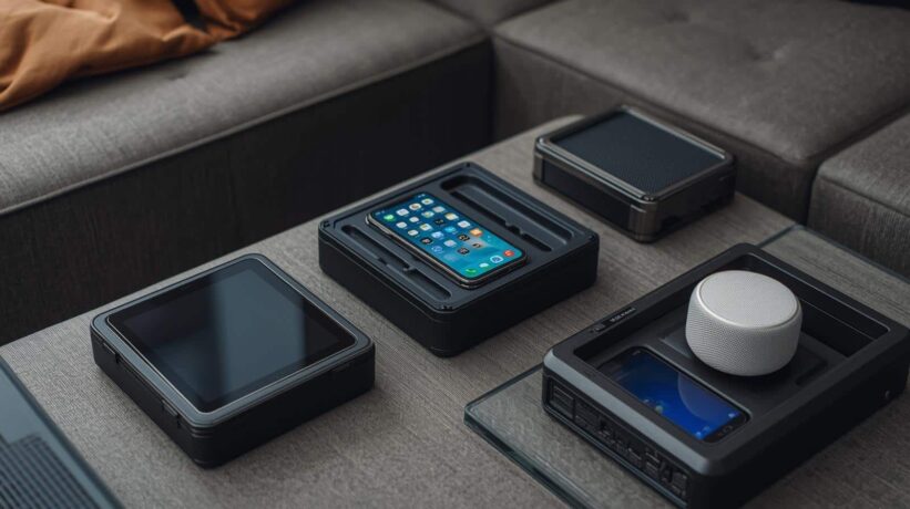 aparelhos eletrônicos em uma mesa com um sofa ao fundo